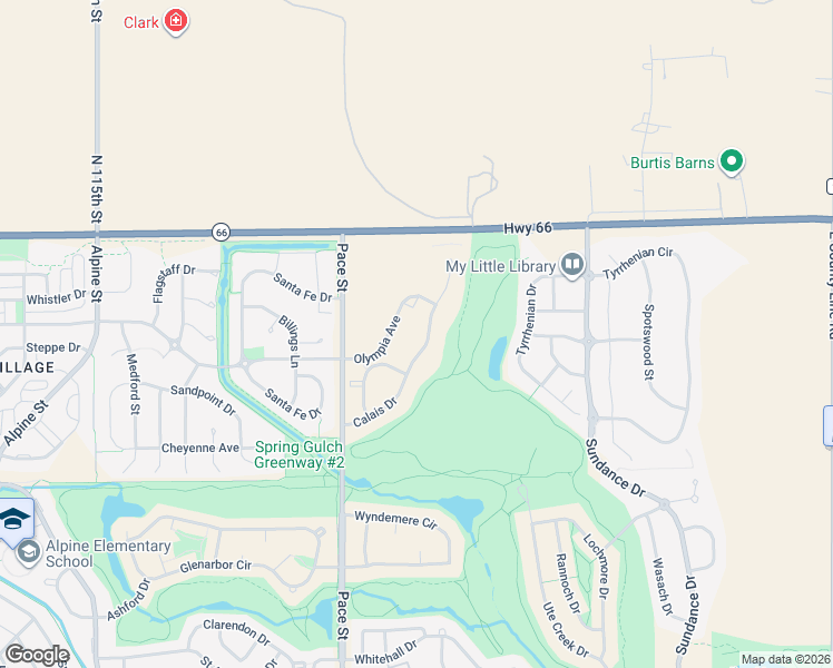 map of restaurants, bars, coffee shops, grocery stores, and more near 1122 Olympia Avenue in Longmont