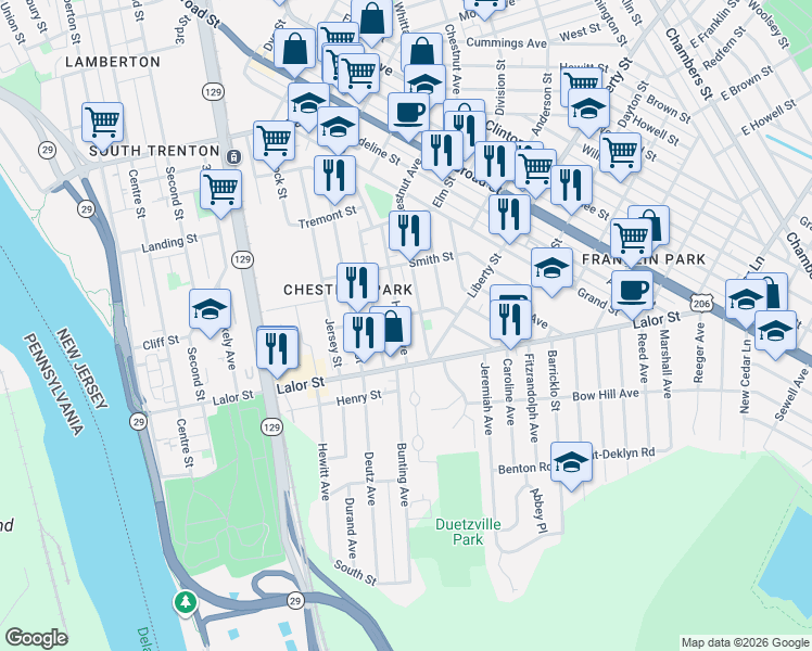 map of restaurants, bars, coffee shops, grocery stores, and more near 529 Home Avenue in Trenton