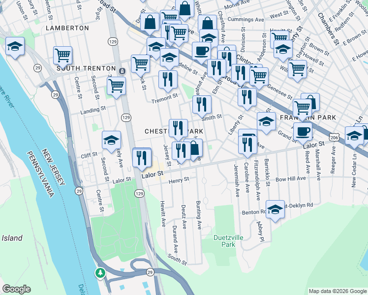 map of restaurants, bars, coffee shops, grocery stores, and more near 915 Beatty Street in Trenton