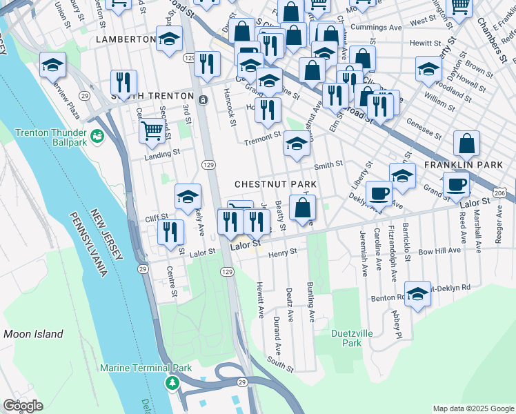 map of restaurants, bars, coffee shops, grocery stores, and more near 325 Jersey Street in Trenton