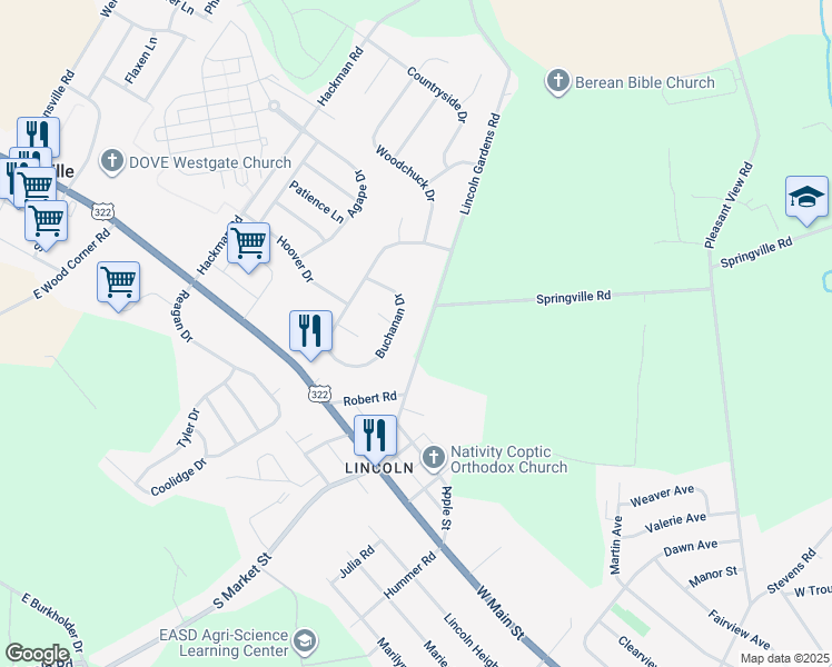 map of restaurants, bars, coffee shops, grocery stores, and more near 1632 Apple Street in Ephrata