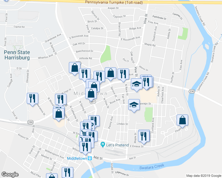 map of restaurants, bars, coffee shops, grocery stores, and more near 327 Spruce Street in Middletown
