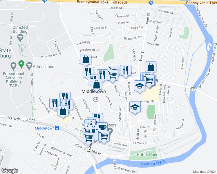 map of restaurants, bars, coffee shops, grocery stores, and more near 346 B North Pine Street in Middletown