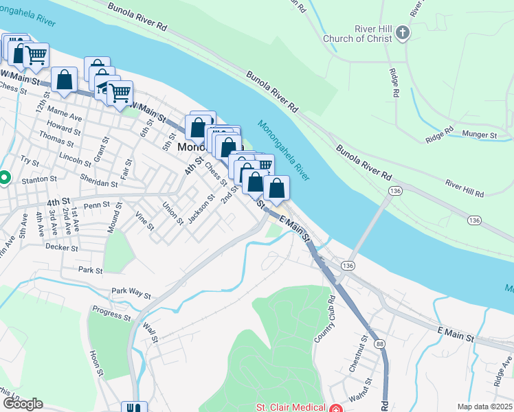 map of restaurants, bars, coffee shops, grocery stores, and more near 102 West Main Street in Monongahela