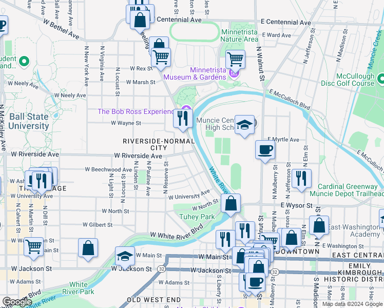 map of restaurants, bars, coffee shops, grocery stores, and more near 705 Wheeling Avenue in Muncie