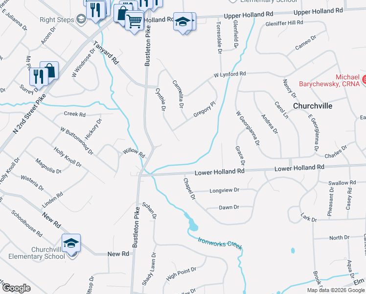 map of restaurants, bars, coffee shops, grocery stores, and more near 149 Cynthia Drive in Richboro