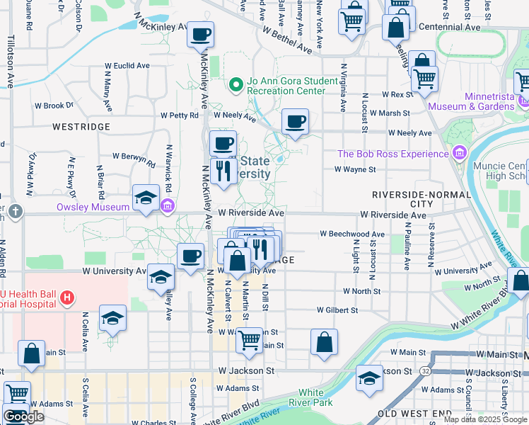 map of restaurants, bars, coffee shops, grocery stores, and more near 1500 West Riverside Avenue in Muncie