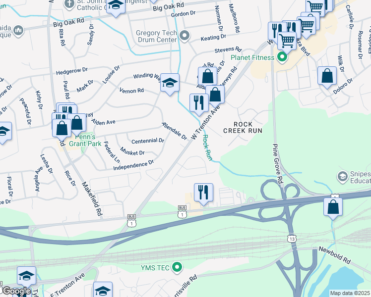 map of restaurants, bars, coffee shops, grocery stores, and more near 932 West Trenton Avenue in Morrisville
