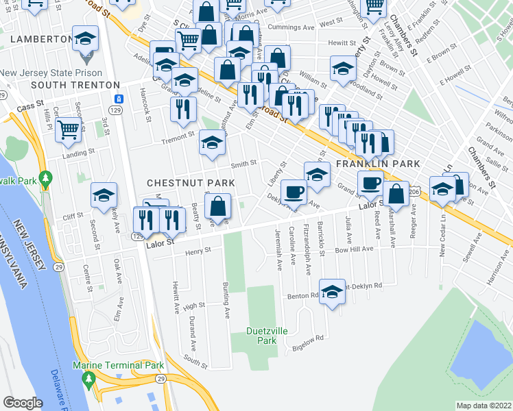 map of restaurants, bars, coffee shops, grocery stores, and more near Liberty Street & Dresden Avenue in Trenton