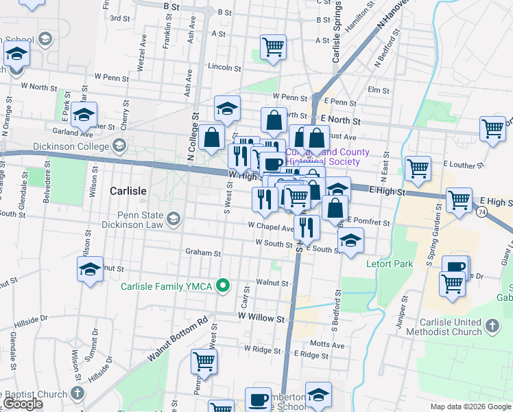 map of restaurants, bars, coffee shops, grocery stores, and more near 140 West Pomfret Street in Carlisle