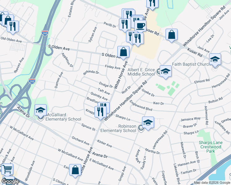 map of restaurants, bars, coffee shops, grocery stores, and more near 653 White Horse Avenue in Trenton