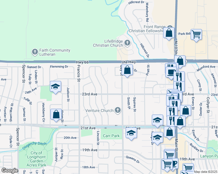map of restaurants, bars, coffee shops, grocery stores, and more near 2318 Sunrise Drive in Longmont
