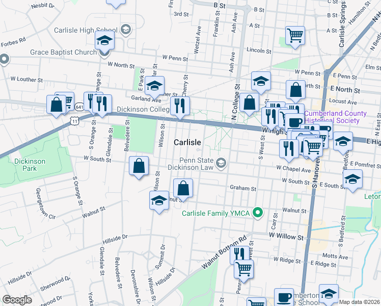 map of restaurants, bars, coffee shops, grocery stores, and more near 132 Conway Street in Carlisle