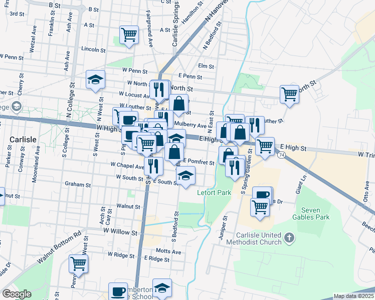 map of restaurants, bars, coffee shops, grocery stores, and more near 122 Liberty Avenue in Carlisle
