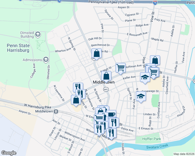 map of restaurants, bars, coffee shops, grocery stores, and more near 3 West Main Street in Middletown