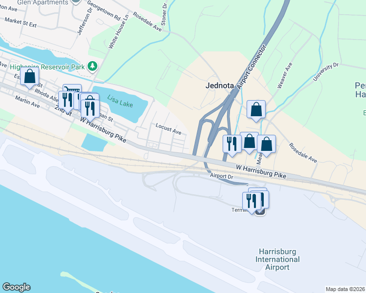map of restaurants, bars, coffee shops, grocery stores, and more near 1885 West Harrisburg Pike in Middletown