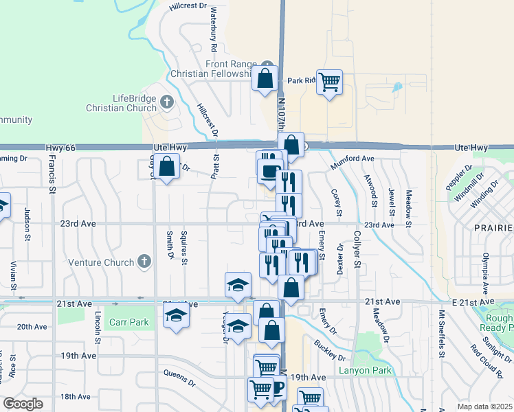 map of restaurants, bars, coffee shops, grocery stores, and more near 825 Crisman Drive in Longmont