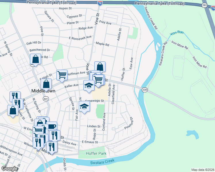 map of restaurants, bars, coffee shops, grocery stores, and more near 450 East Main Street in Middletown