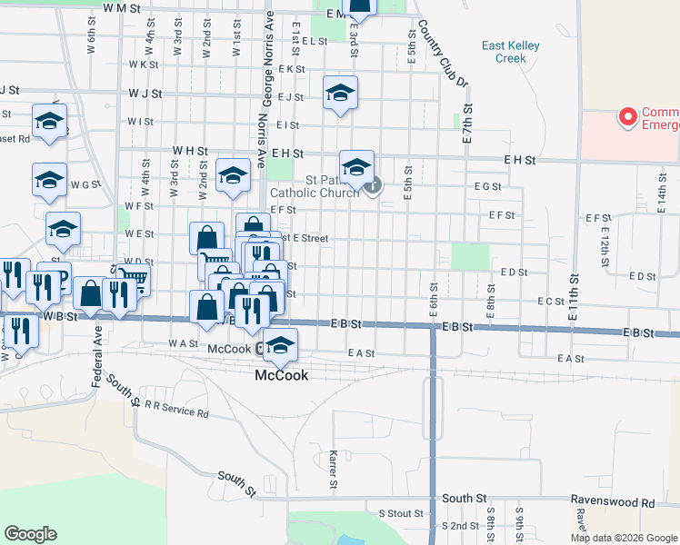 map of restaurants, bars, coffee shops, grocery stores, and more near 301-399 E 3rd St in McCook