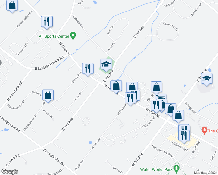 map of restaurants, bars, coffee shops, grocery stores, and more near 575 West Main Street in Collegeville