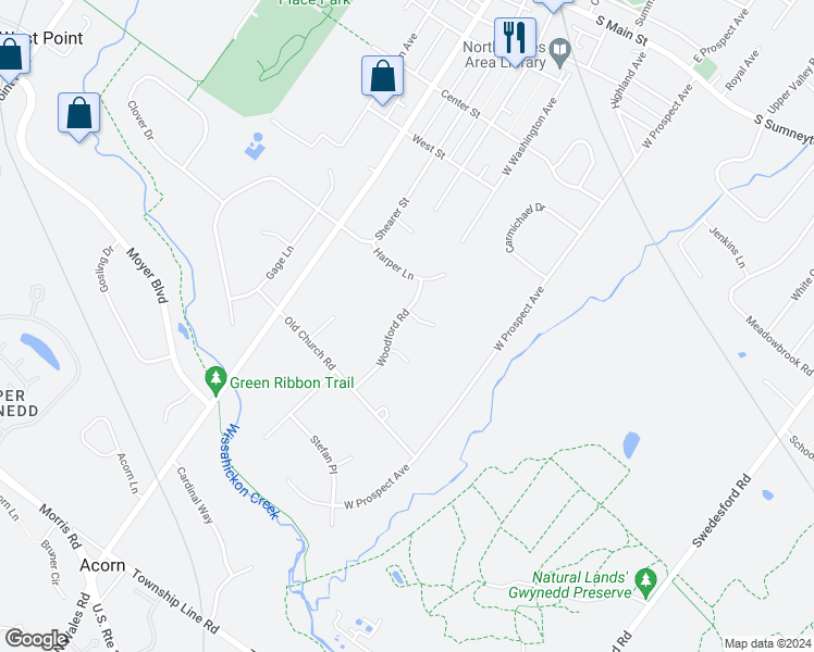 map of restaurants, bars, coffee shops, grocery stores, and more near 200 Spruce Circle in North Wales