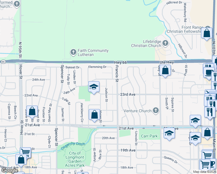map of restaurants, bars, coffee shops, grocery stores, and more near 2320 Judson Street in Longmont
