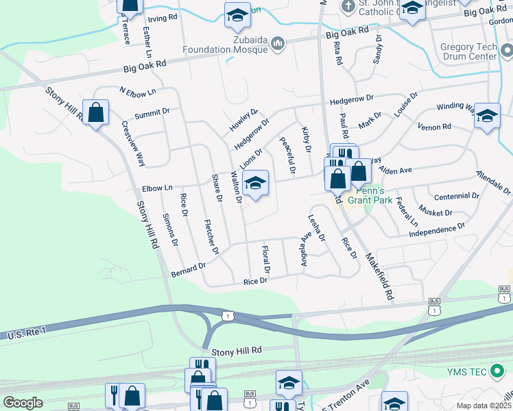 map of restaurants, bars, coffee shops, grocery stores, and more near 185 Walton Drive in Morrisville