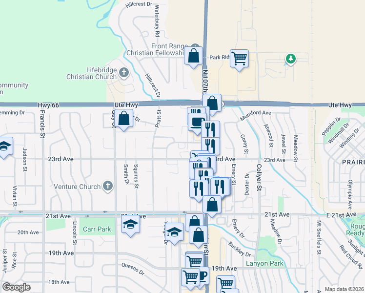 map of restaurants, bars, coffee shops, grocery stores, and more near 841 Crisman Drive in Longmont