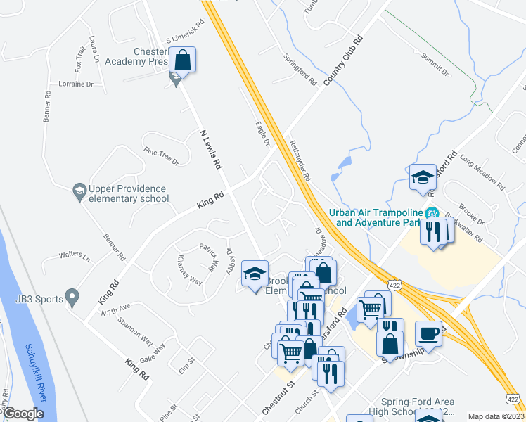 map of restaurants, bars, coffee shops, grocery stores, and more near 1814 Foxmeadow Circle in Royersford