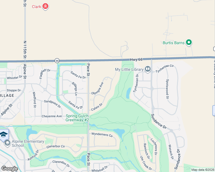 map of restaurants, bars, coffee shops, grocery stores, and more near 1122 Olympia Avenue in Longmont