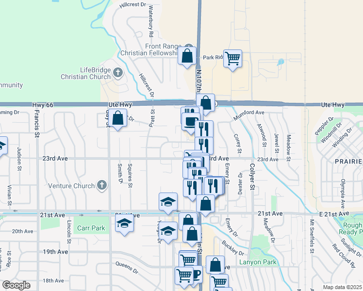 map of restaurants, bars, coffee shops, grocery stores, and more near 2315 Main Street in Longmont
