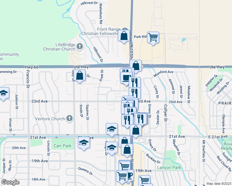 map of restaurants, bars, coffee shops, grocery stores, and more near 850 23rd Avenue in Longmont