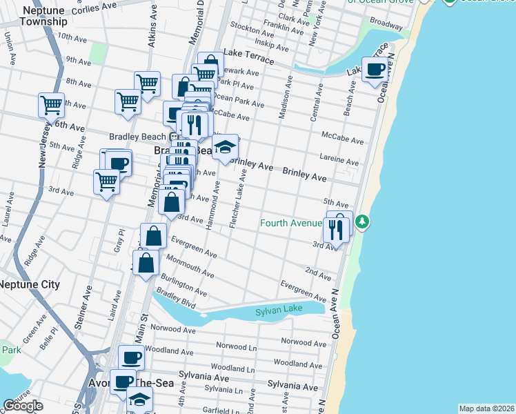 map of restaurants, bars, coffee shops, grocery stores, and more near 315 4th Avenue in Bradley Beach
