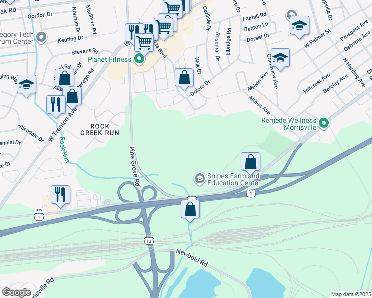 map of restaurants, bars, coffee shops, grocery stores, and more near Pine Grove Road in Morrisville