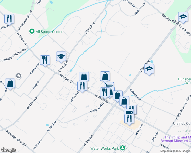 map of restaurants, bars, coffee shops, grocery stores, and more near 177 Harvard Drive in Collegeville