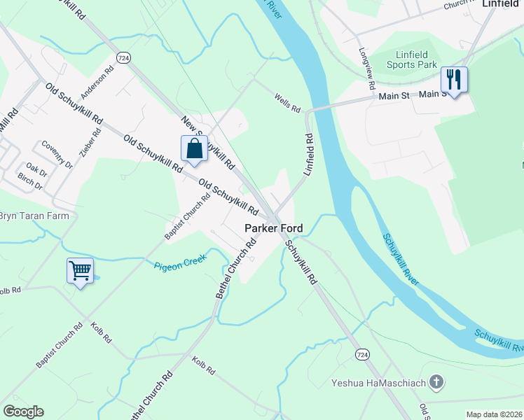 map of restaurants, bars, coffee shops, grocery stores, and more near 1676 Old Schuylkill Road in Spring City