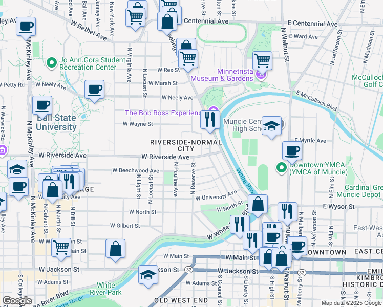 map of restaurants, bars, coffee shops, grocery stores, and more near 815 West Riverside Avenue in Muncie