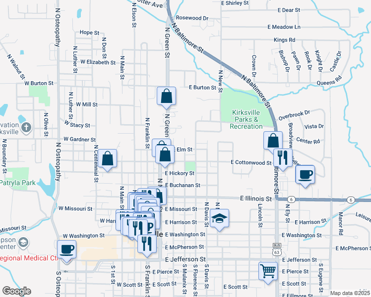 map of restaurants, bars, coffee shops, grocery stores, and more near 701 North Mulanix Street in Kirksville