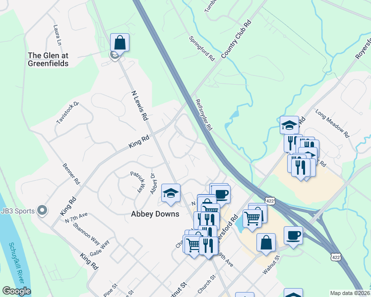 map of restaurants, bars, coffee shops, grocery stores, and more near 1710 Foxmeadow Circle in Royersford