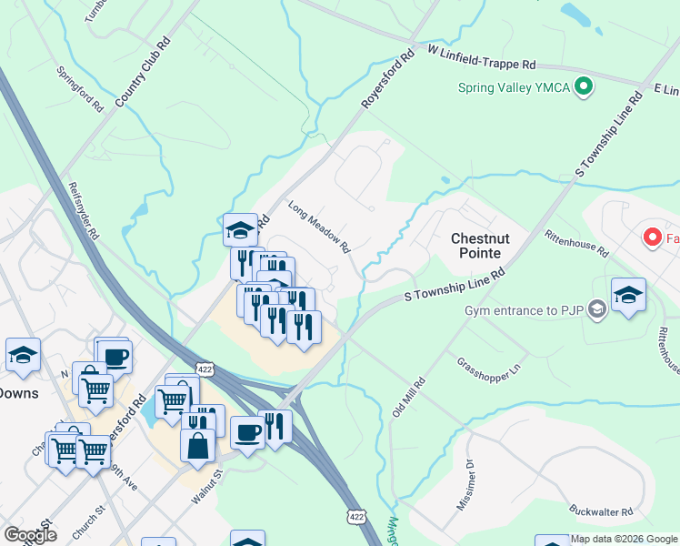 map of restaurants, bars, coffee shops, grocery stores, and more near 108 Brooke Drive in Royersford