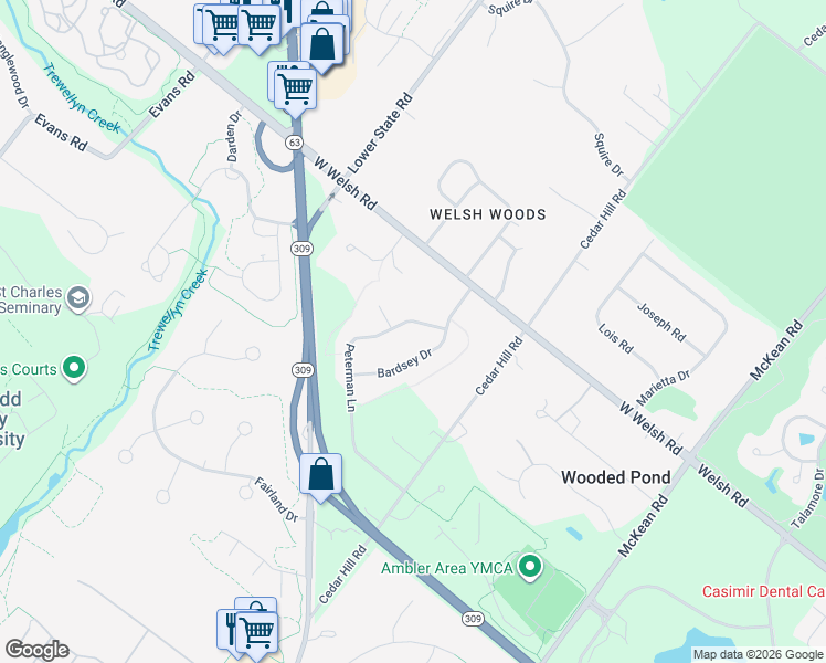 map of restaurants, bars, coffee shops, grocery stores, and more near 1545 Bardsey Drive in Ambler