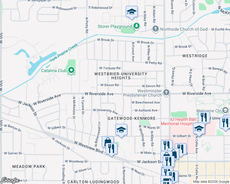 map of restaurants, bars, coffee shops, grocery stores, and more near 3405 West Riverside Avenue in Muncie