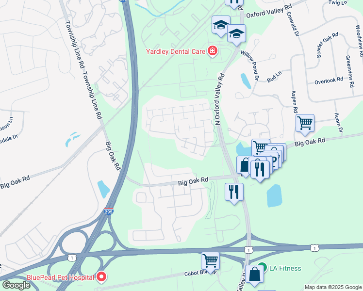 map of restaurants, bars, coffee shops, grocery stores, and more near 187 Fillmore Way in Yardley