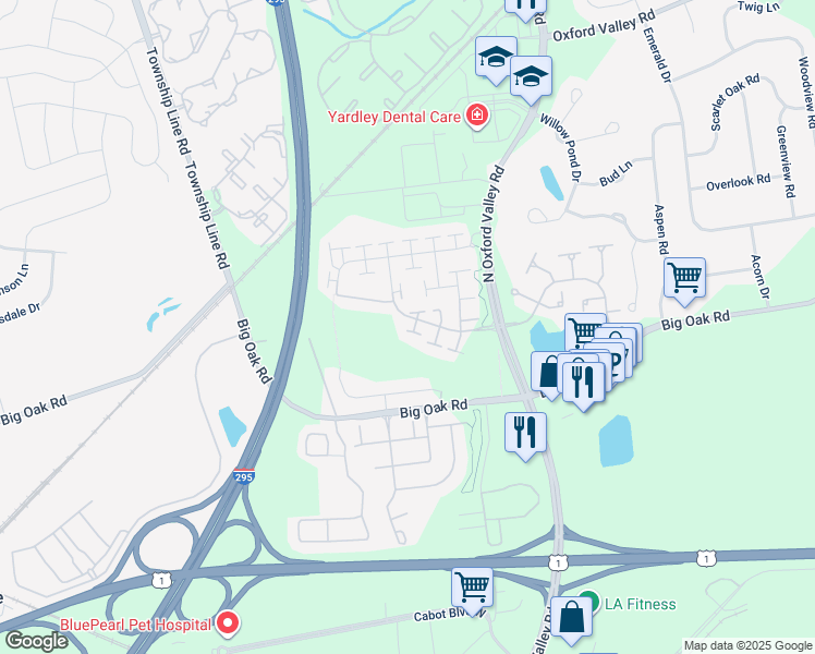 map of restaurants, bars, coffee shops, grocery stores, and more near 187 Fillmore Way in Yardley