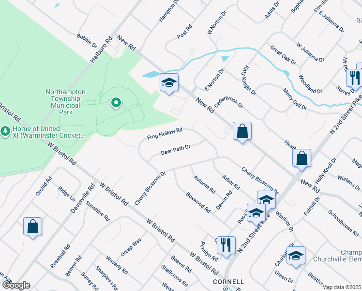 map of restaurants, bars, coffee shops, grocery stores, and more near 123 Deer Path Drive in Churchville
