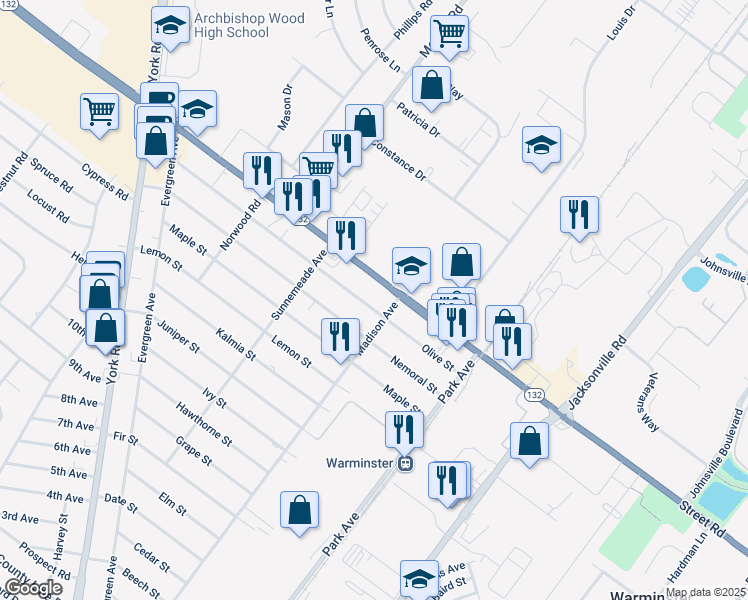 map of restaurants, bars, coffee shops, grocery stores, and more near 319 Olive Street in Warminster