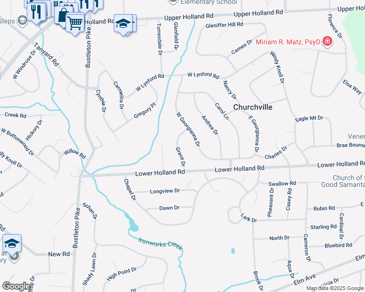 map of restaurants, bars, coffee shops, grocery stores, and more near 40 Grace Drive in Richboro