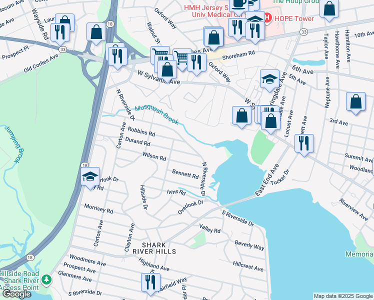 map of restaurants, bars, coffee shops, grocery stores, and more near 111 Durand Road in Neptune City