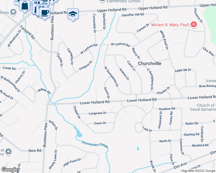 map of restaurants, bars, coffee shops, grocery stores, and more near 40 Grace Drive in Richboro