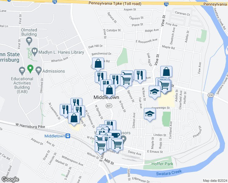 map of restaurants, bars, coffee shops, grocery stores, and more near 63 East Main Street in Middletown